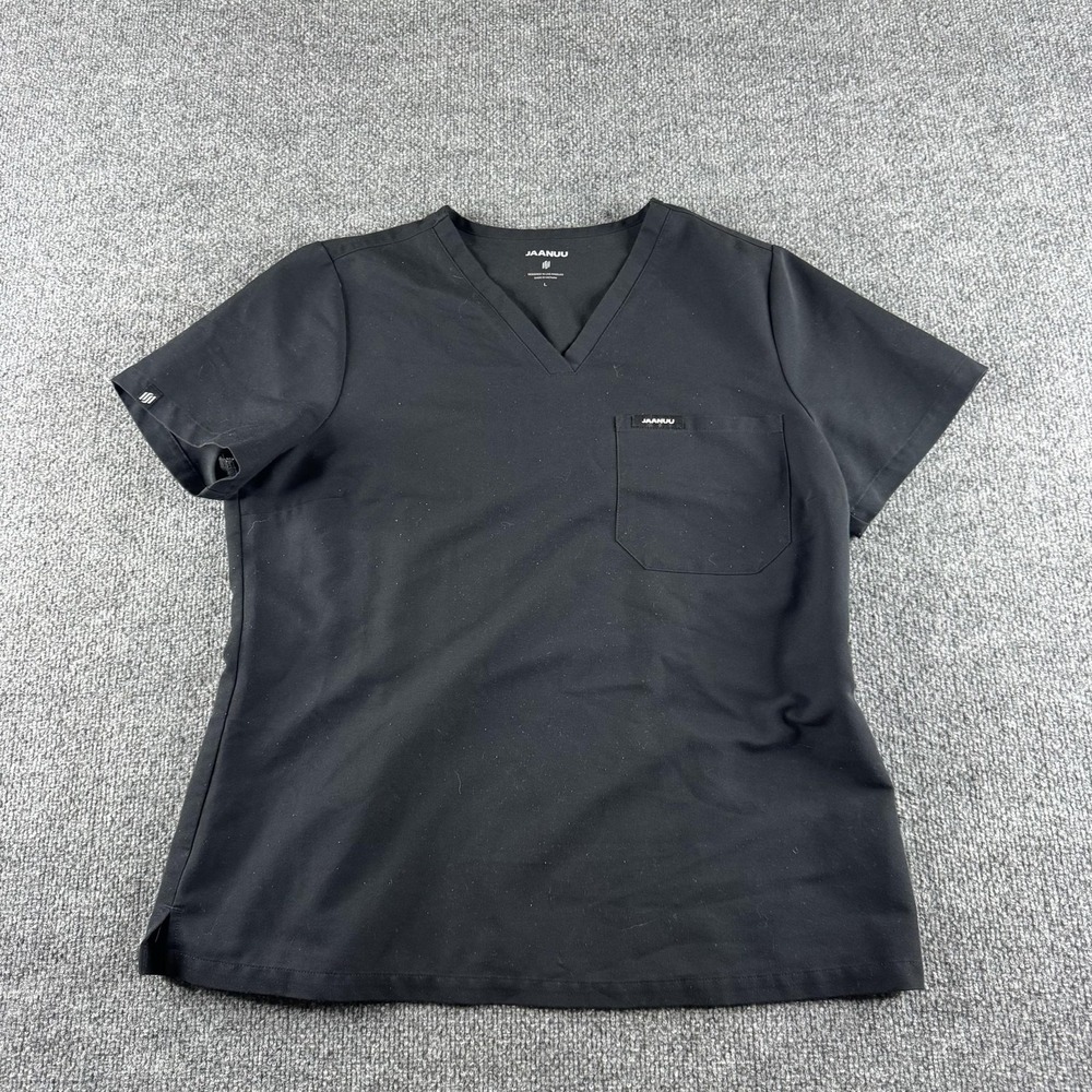 Jaanuu Scrub Shirt Womens L Black V Neck Pocket Medical Nursing Uniform Top